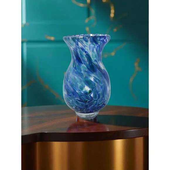 Vintage Hand Blown Blue,Teal Swirl Pattern Heavy Pedestal Bottom Vase - Picture 3 of 12